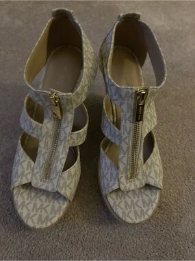 Michael Kors Taupe MK Logo Zip Wedge Sandals